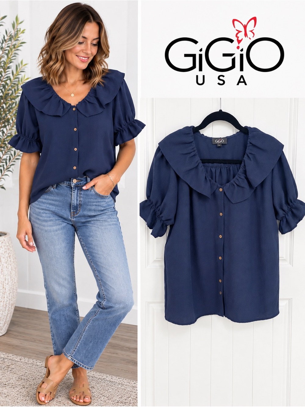 GiGiO Navy Blue Oversized Collar Puff Sleeve Blouse